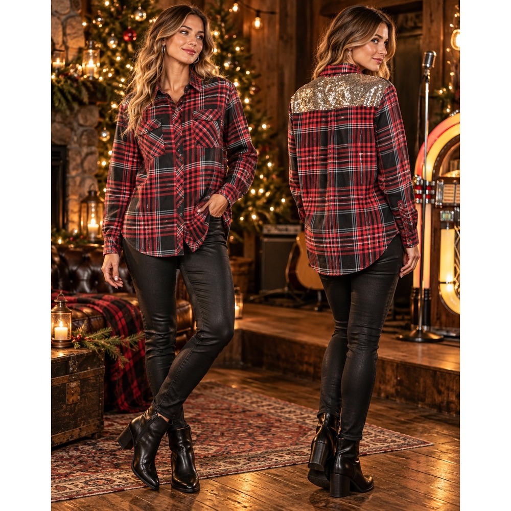 Womens Sequin Back Plaid Flannel Top L Red Black Western Y2K Lumberjack Cowgirl